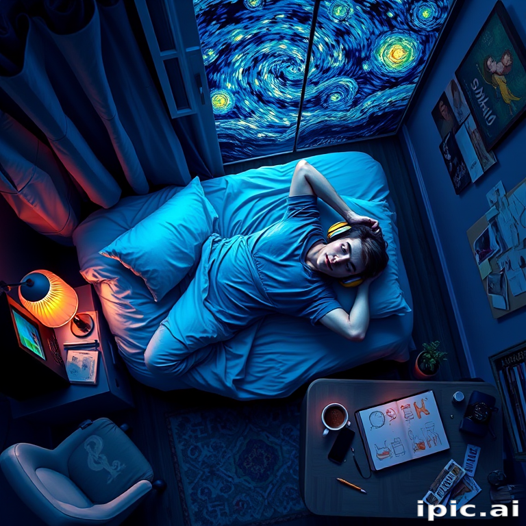 A top-down Van Gogh-style painting of a young man lying on his bed, listening to music with headphones. The room is softly lit with deep blues and purples, creating a peaceful nighttime atmosphere. The bed has a soft pillow, and the man's arms are resting behind his head. Around the bed, various glowing gadgets such as a smartphone, a laptop, and a small lamp are visible, casting a gentle light. The rest of the bedroom includes a desk with books, a chair, and a small rug on the floor. A window near the bed reveals a starry night sky with swirling stars, reminiscent of Van Gogh's 'Starry Night.' On the desk, there is a sketchbook with colorful drawings, a cup of coffee steaming gently, and a small potted plant. The walls have posters of famous paintings and a corkboard with pinned notes and photos. The scene is full of dynamic, swirling brushstrokes, capturing the essence of Van Gogh's unique style. The overall mood is serene and contemplative, with a touch of artistic inspiration.