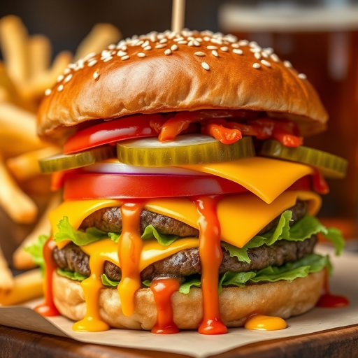High-resolution, close-up image of a gourmet double cheeseburger. The burger features a glossy, sesame-seed-topped brioche bun. Inside, there are two thick, juicy beef patties, each topped with melted cheddar cheese. The burger is garnished with fresh lettuce, tomato slices, diced onions, and pickles. A generous amount of ketchup and a creamy, orange-colored sauce is dripping down the sides, adding to the mouth-watering appeal. In the background, there are blurred elements including a side of golden French fries and a hint of a beverage, enhancing the overall presentation of a delicious meal.