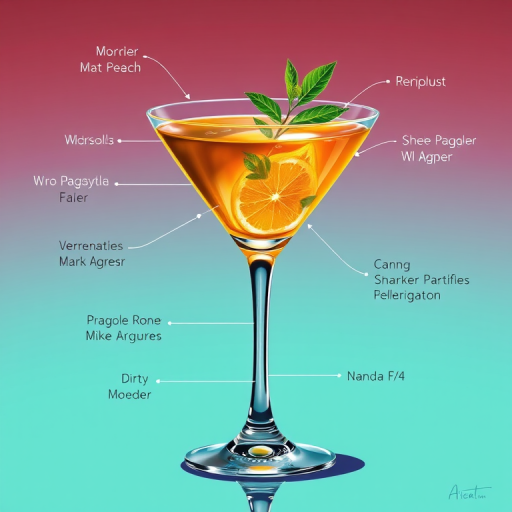 create a vibrant digital illustration of a dirty martini with detailed annotations, use a Canon EOS R5 camera with a 50mm f/1.2 lens, set aperture to f/4, ISO 100, shutter speed 1/200 sec, captured from a slightly elevated angle with a colorful gradient background to enhance image quality