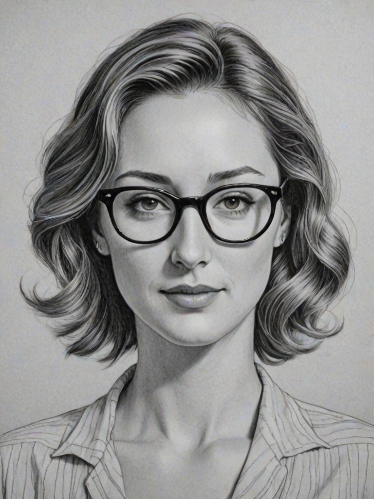 Elegant Bree Turner, pencil sketch, portrait of Resplendent woman 1949s in glasses, hair style beatnik, outline, clear lines, fine lines, 8k