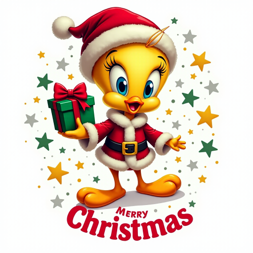 Merry Christmas” cosmic star art tweety bird wearing a Christmas hat and Santa jacket holding gift with a big bow tweety bird is extremely detailed and vibrant behind her is star cosmic design on white background that’s all Christmas colors red green white the words “MERRY CHRISTMAS” is written at the bottom in red electric font outline in black 3000dpi 32k