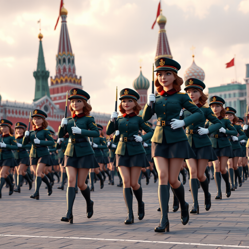 Cartoon 3D Military parade in Red Square in Moscow with military women wearing short skirts.