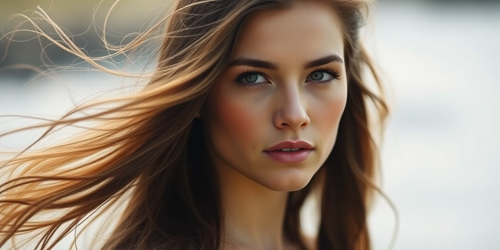 Portrait of a woman with flowing hair and a contemplative expression, soft focus background, sharp detail on the face, natural lighting, ISO 100, f/2.8, 85mm lens, shallow depth of field, taken with a full-frame DSLR camera.