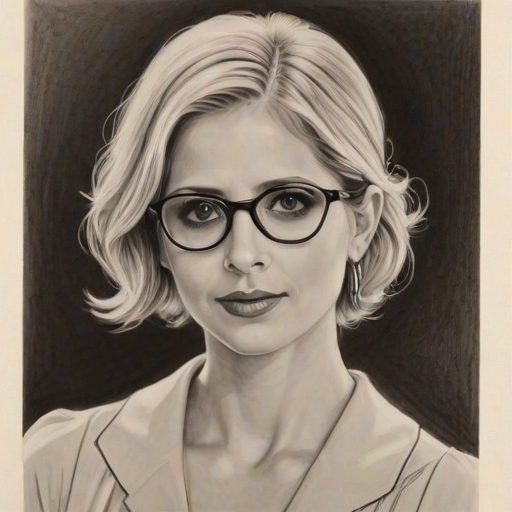 Fascinating Sarah Michelle Gellar, pencil sketch, portrait of Pleasing woman 1920s in glasses, hair style beatnik, outline, clear lines, fine lines, 8k