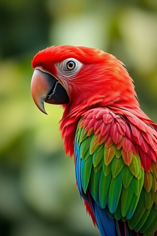 high-resolution image of a vibrant red parrot with green accents, captured with a Canon EOS R5, 50mm lens, aperture f/2.8, ISO 100, natural light, shallow depth of field for a blurred background