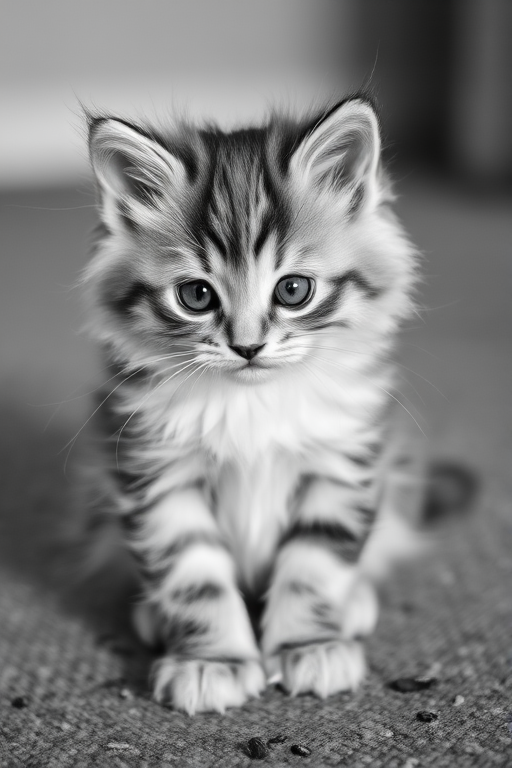 A close-up shot of a fluffy kitten sitting on a textured surface, using a DSLR camera with a 50mm lens, aperture set to f/1.8 for shallow depth of field, ISO 200 for low noise, and a shutter speed of 1/200s in black and white to capture soft contrasts and details.