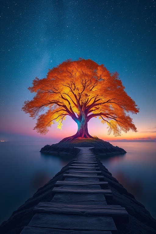Create a vibrant, ethereal landscape featuring a massive, glowing tree on a serene island, with a pathway leading toward it under a starry sky, captured with a Canon EOS R5, 24mm lens, f/1.8, ISO 100, long exposure for enhanced light trails and colors.