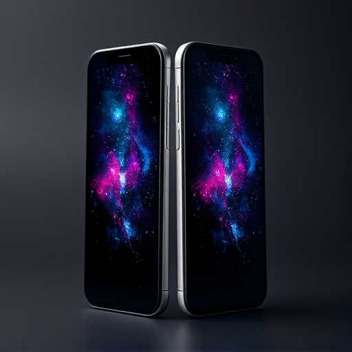 Create a high-resolution image of a sleek black and white smartphone standing back-to-back with a vibrant galaxy wallpaper on the screens, using a DSLR camera with a 50mm lens, aperture set to f/2.8 for a shallow depth of field, ISO 100, and a 1/200s shutter speed, shot from a slightly elevated angle to emphasize the design.