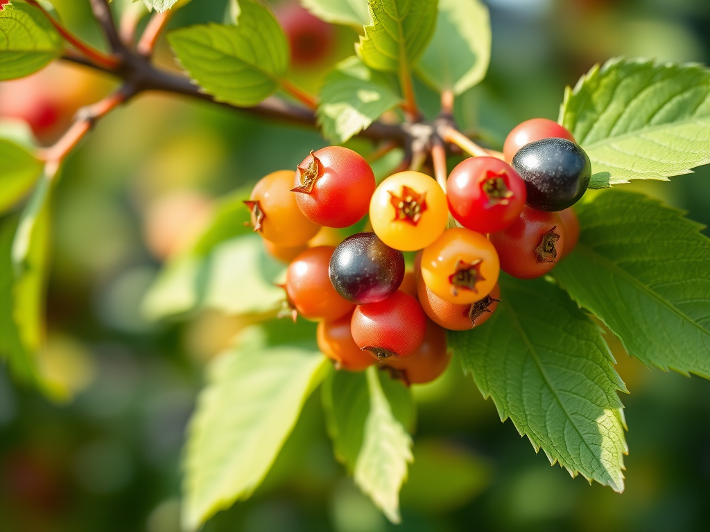 Capture a close-up shot of a cluster of colorful gooseberries on a branch with lush green leaves, using a DSLR camera, aperture f/2.8 for a shallow depth of field, ISO 100 for low noise, 50mm lens for detail, natural light setting to enhance vibrancy, and a bokeh effect in the background for a dreamy atmosphere.