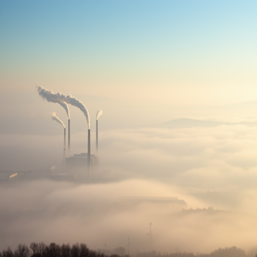 high-resolution landscape photograph of a city shrouded in fog with smoke billowing from industrial chimneys, taken from a high vantage point using a DSLR camera, 50mm lens, f/8 aperture, 1/200 sec shutter speed, ISO 100, soft morning light.