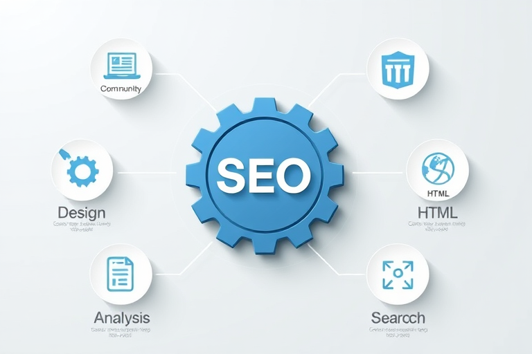 Generate an infographic illustrating the concept of SEO White Hat with a central gear icon labeled "SEO" surrounded by six icons representing community, design, HTML, analysis, profits, and search, using a modern vector style, high-resolution, shot with a DSLR camera at f/4 aperture, 35mm lens, ISO 200, and soft natural lighting.