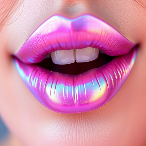 Holographic iridescent lip color shifting between pink and blue, dubbed "Unicorn Dreams," incorporating tiny sparkles for a magical, ethereal look