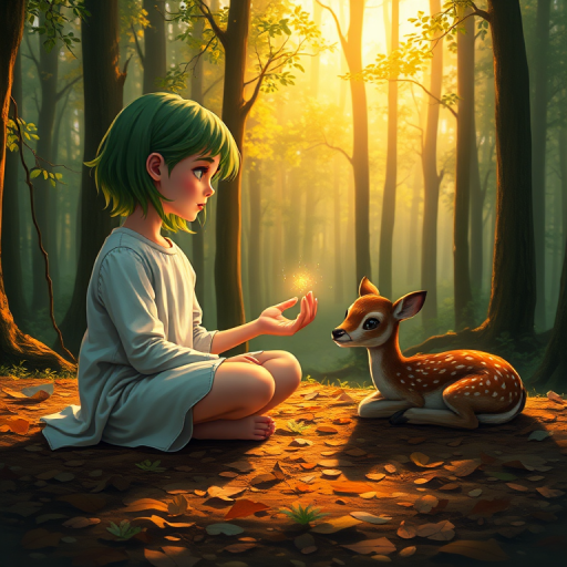 A luminous digital painting of a serene forest scene featuring a barefoot young female, about 7 years old, with green hair and fair skin, dressed in a simple white outfit. He sits cross-legged on the forest floor, gazing at a small, glowing, magical firefly in his hand. Beside him, a delicate spotted deer lies calmly on a bed of dried leaves, observing the scene. The dense forest is bathed in warm, golden light filtering through the trees, creating a peaceful, magical atmosphere with a blend of natural and mystical elements.