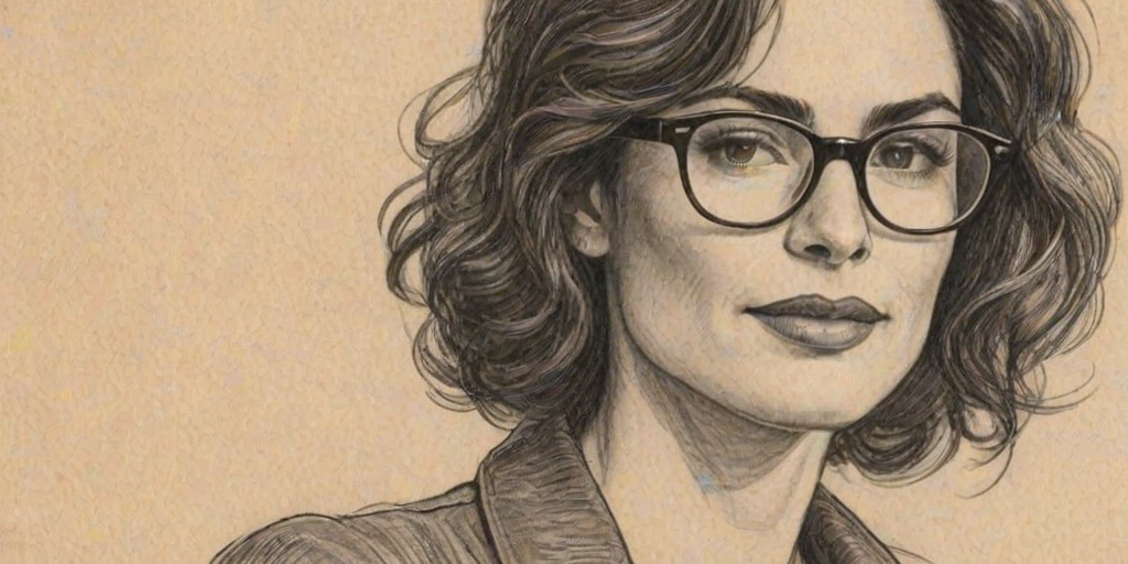 Beauteous Kim Delaney, pencil sketch, portrait of Charming woman 1926s in glasses, hair style beatnik, outline, clear lines, fine lines, 8k