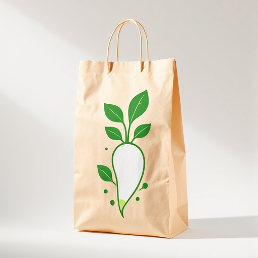 Create a high-quality illustration of a paper bag with a stylized white radish and green leaves design, using a DSLR camera, 50mm lens, f/1.8 aperture, ISO 100, in a well-lit studio setting with soft diffused lighting.