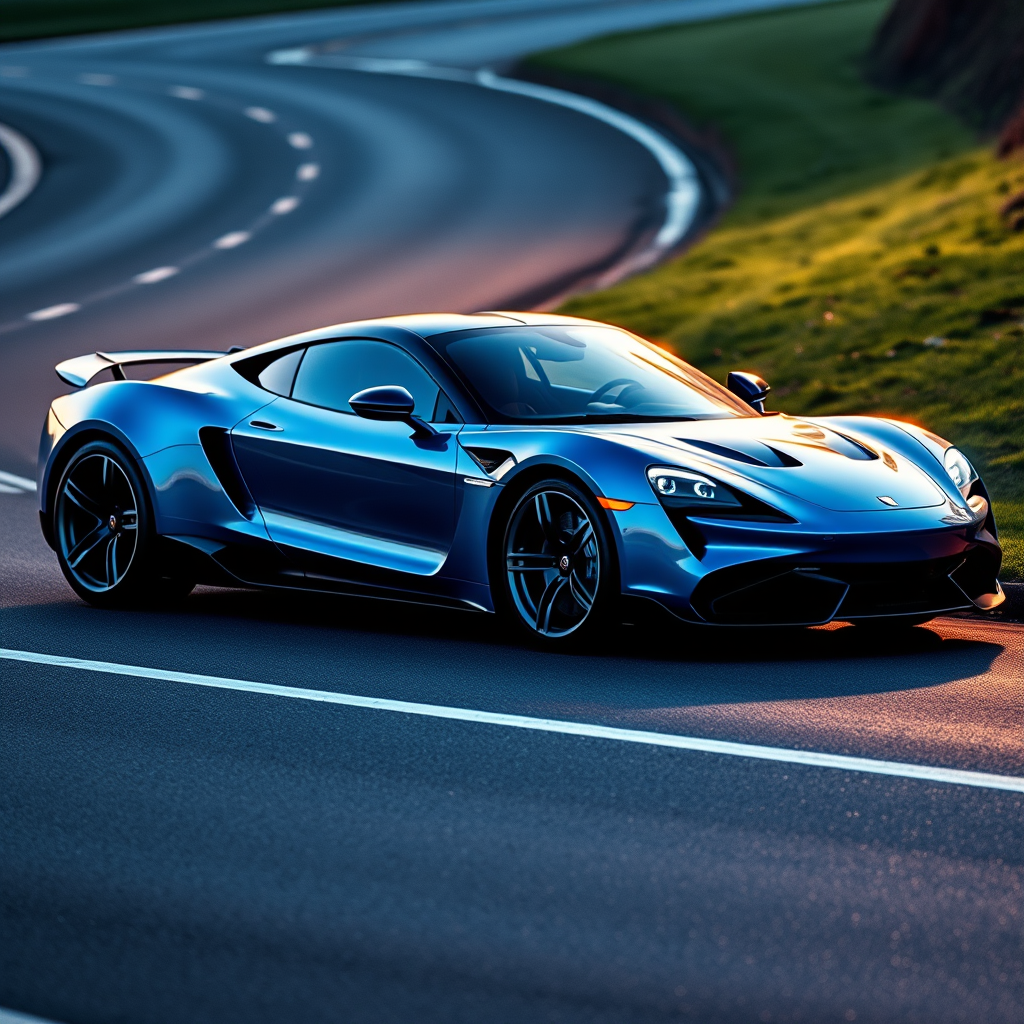 Generate an image of a luxury sports car parked on the side of a road during what appears to be dawn or dusk, given the soft light and shadows. The car should have a sleek design with aerodynamic features, a low-profile stance, and large, alloy wheels. It should display a contemporary color scheme, possibly a unique shade of blue that matches well with the ambient light in the setting. The vehicle's bodywork should gleam, reflecting the surrounding environment, and it should have distinctive lighting accents that enhance its sporty appearance. In the background, there should be a roadside with a grassy embankment on one side and possibly some trees or shrubbery along the edge of the pavement. The overall mood of the image should convey a sense of luxury, speed, and the tranquility of an early morning or late evening drive.