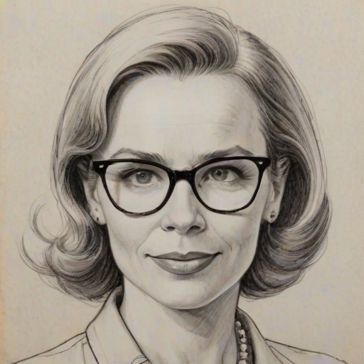 Appealing Amy Ryan, pencil sketch, portrait of Splendid woman 1956s in glasses, hair style beatnik, outline, clear lines, fine lines, 8k