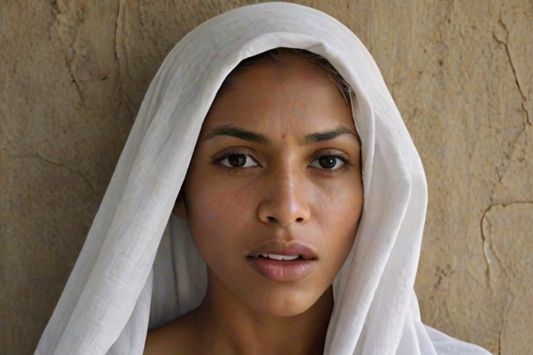 Create a close-up photographic image of a Indo-Caribbean woman with light skin tones shown against an old, worn wall. Their head is wrapped in a white cloth covering (i.e.... parts of the head except the nose and mouth, which are open as if they are screaming...), with a slight texture and visible folds in the fabric. Thin strands of blonde hair escape from the wrapping above, falling lightly at the top and sides. Their hands hold the fabric as if they are tugging nervously. The lighting is dramatic and even, casting strong shadows. The image has a minimalist and surreal style with an emphasis on simplicity with soft color tones. The composition is centered.