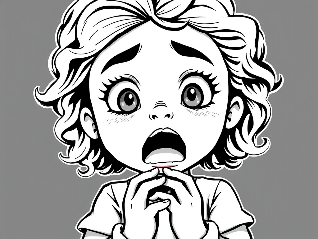 The image is a black and white illustration of a young girl with curly hair. She has a surprised expression on her face with her mouth open and her hands clasped together in front of her chest. Her eyes are wide and her eyebrows are furrowed. Her hair is styled in loose curls that are cascading down her back. The overall mood of the image is one of shock or surprise.