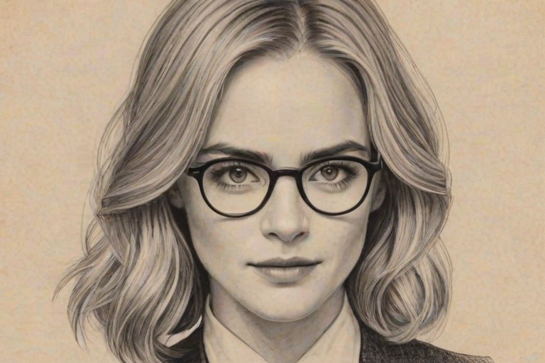 Enchanting Emily Wickersham, pencil sketch, portrait of Bewitching woman 1926s in glasses, hair style beatnik, outline, clear lines, fine lines, 8k