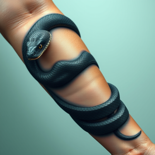 Hyperrealistic 3D snake tattoo coiling around the arm, with incredibly detailed scales and lifelike textures creating the illusion of a living creature on the skin
