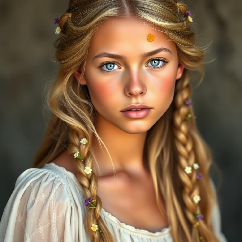 Create an image of a young Guarani woman with long, wavy blonde hair, adorned with small, colorful flowers woven into her braids and loose strands. Her complexion is fair, with soft, glowing skin, and she has light blue eyes that gaze softly at the viewer. She wears a light, flowing dress with a gentle, ethereal quality, complementing her delicate and serene appearance. The background is slightly blurred, drawing focus to her tranquil expression and the intricate details of the flowers in her hair. The overall mood of the image is one of natural beauty and grace, evoking a sense of peacefulness and connection with nature.
