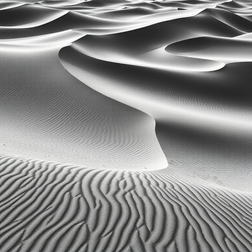 black and white photograph of undulating sand dunes with intricate patterns and shadows, showcasing the texture and depth of the landscape