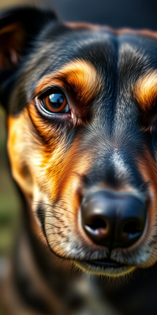 regenerate image of a close-up of a black and tan dog with bright eyes, using a DSLR camera with a 50mm lens, aperture f/1.8 for a shallow depth of field, ISO 200, shutter speed 1/200 sec, natural lighting to enhance details and colors, focus on the dog's facial features and expression.