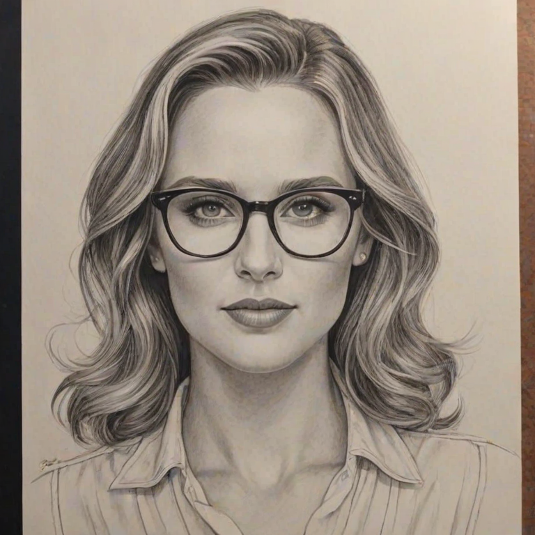 Bewitching Shantel VanSanten, pencil sketch, portrait of Superb woman 1941s in glasses, hair style beatnik, outline, clear lines, fine lines, 8k