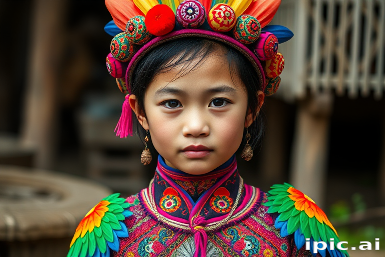 A beautiful Miao girl, wearing colorful bird clothing with vibrant colors