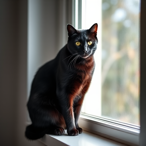 Generate a high-resolution image of a sleek black cat sitting gracefully on a windowsill with natural sunlight illuminating its fur, taken with a Canon EOS R5, 50mm lens, f/1.8 aperture, ISO 200, in a soft focus style.