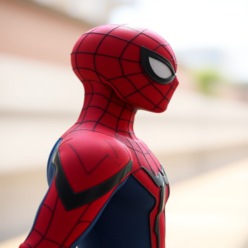 Regenerate an image of a red Spider-Man costume figure from a side view, with a focus on the texture of the fabric and mask, using a DSLR camera at f/2.8 aperture, 50mm lens, ISO 100, and natural lighting for enhanced clarity and detail.