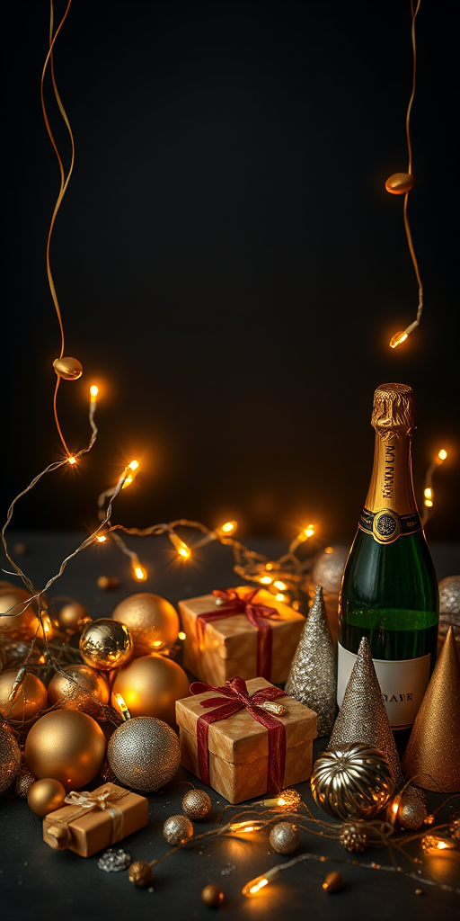 Create a festive New Year's celebration scene with a dark background. Include elements like gold and silver ornaments, twinkling fairy lights, small wrapped gifts, a bottle of champagne, and party hats. Arrange everything in a way that creates a warm and inviting atmosphere, ensuring there is space for text or additional elements in the center.