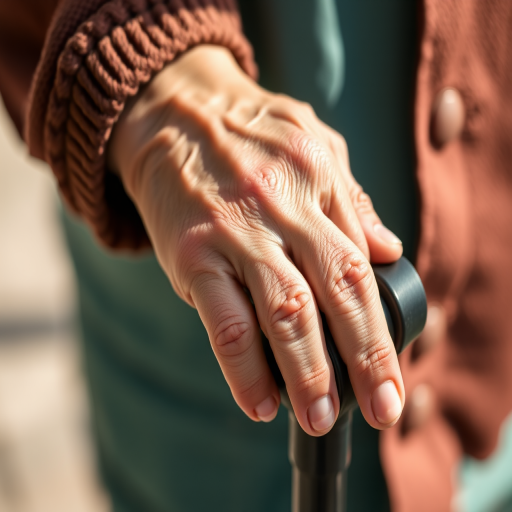 close-up of an elderly person's hands resting on a cane, natural light, shallow depth of field, ISO 100, aperture f/2.8, 50mm lens, soft focus background, rich textures and details, focus on hands with gentle shadows