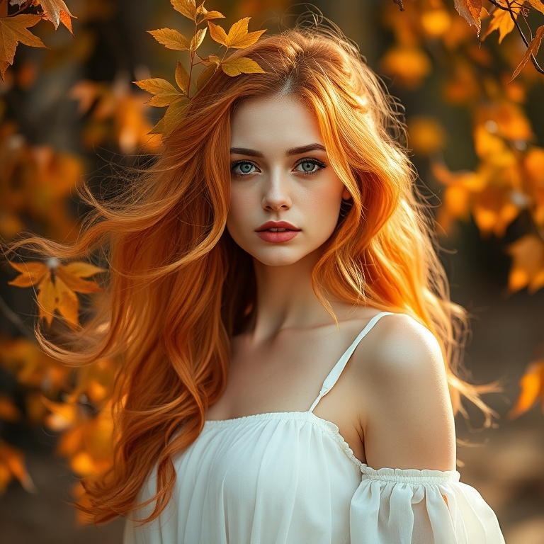 Create a portrait of a woman with flowing orange hair intertwined with autumn leaves, wearing a soft white dress, captured in a soft focus style with a Canon EOS R5, 85mm lens, f/1.4 aperture, ISO 100, natural light, with a dreamy background.