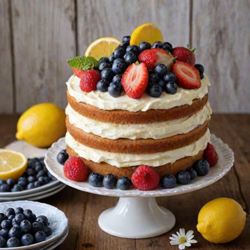 Create an image of a multi-layered cake with a smooth frosting. The cake should be adorned with fresh fruit like blueberries and lemon slices, as well as small white flowers for decoration. The setting should have a rustic wooden table background.