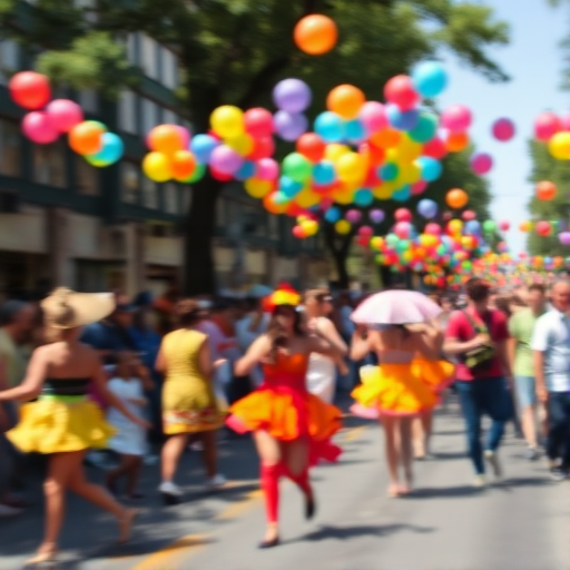 Blurry candid shot of a vibrant street festival, with performers in bright costumes dancing, colorful balloons floating above, and the joyful energy of the crowd softly captured in motion.