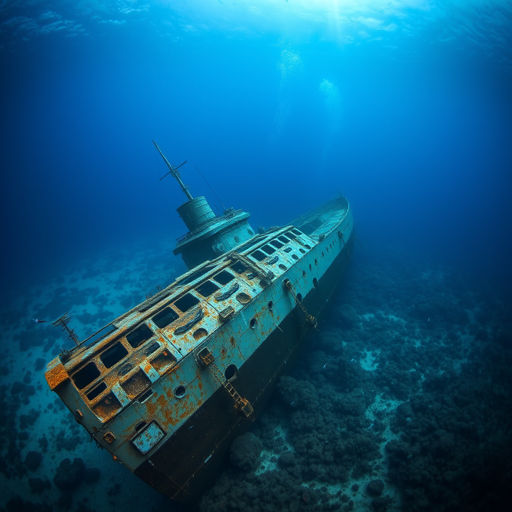 A sunken battleship resting on the ocean floor, surrounded by marine life, soft blue lighting illuminating the scene, captured with a DSLR camera, 16mm lens, f/8 aperture, ISO 100, 1/60 sec exposure, wide-angle view, underwater photography style for detailed texture and depth.