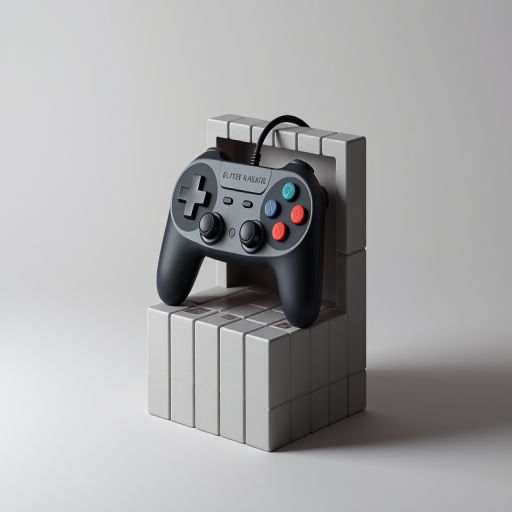create a hyper-realistic 3D render of a retro game controller emerging from a pixelated block structure, use a 50mm lens, aperture f/2.8, ISO 100, shot in a studio setting with soft lighting and a neutral background to enhance depth and color vibrancy