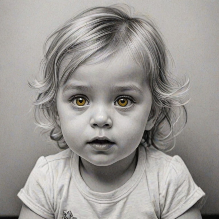 A hyperdetailed photorealistic black and white sketch of a beautiful toddler with deep Yellow eyes, with a macro focus