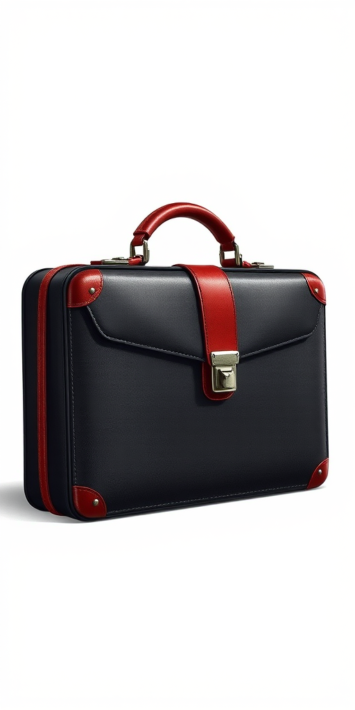 Create a detailed illustration of a sleek, vintage-style black briefcase with a red handle, using a Canon EOS 5D Mark IV with a 50mm lens at f/1.8, ISO 100, in soft natural lighting to enhance textures and reflections, shot from a 45-degree angle.