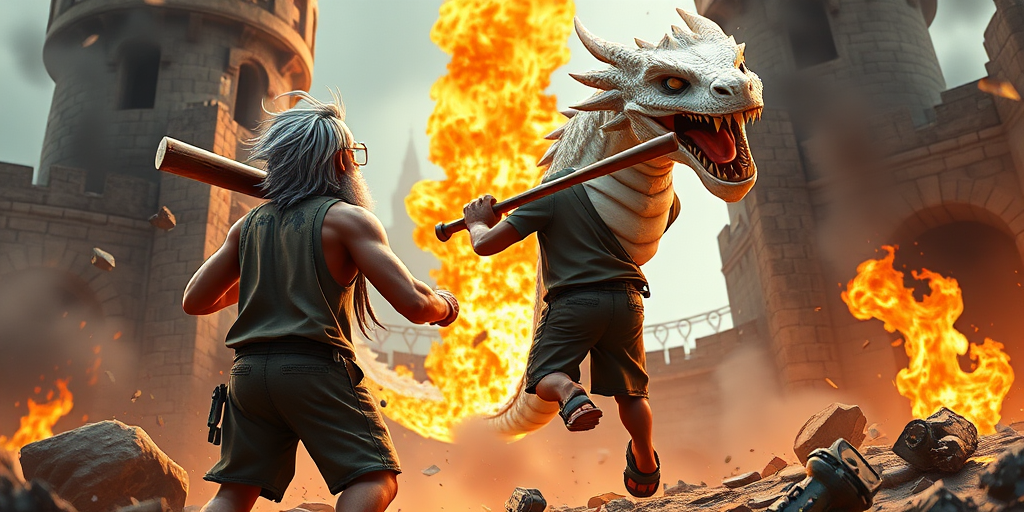 Cartoon 3D High-Resolution,dynamic battle scene using Unreal Engine 5 and Octane Render. The scene features back of an elderly, thai man with a beard,messy hair and round golden-rimmed glasses. He is wearing a tattered tank top with soot marks, shorts, and sandals. sweating. he wields a baseball bat. He jump to fight with a white fire-breathing Europe dragon amidst a partially destroyed stone castle. Include intense flames, smoke, and debris to enhance the dramatic effect.