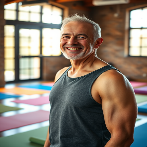 A fit older man smiling in a yoga studio with colorful mats, natural light coming through large windows, shallow depth of field, using a Canon EOS R5 with a 50mm f/1.2 lens, ISO 100, aperture f/1.8, shutter speed 1/200s, soft and warm color tones.