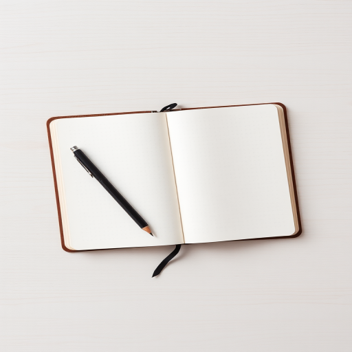 create a flat lay image of an open blank notebook with a sleek pen and pencil positioned next to it on a light wood texture background, shot with a Canon EOS R5, 50mm lens, aperture f/2.8, ISO 100, natural lighting for enhanced clarity and detail