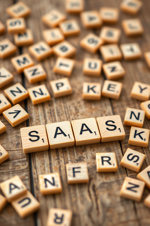 Close-up of wooden letter tiles scattered on a rustic wooden surface with the word "SAAS" highlighted in the center, shallow depth of field, f/2.8 aperture, 50mm lens, natural light, DSLR camera.
