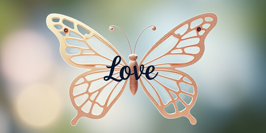 create an enhanced image of a decorative butterfly with intricate wings framing the word "Love" in the center, using a DSLR camera with a 50mm lens at f/1.8, shot from a front view with soft natural lighting to accentuate colors and details