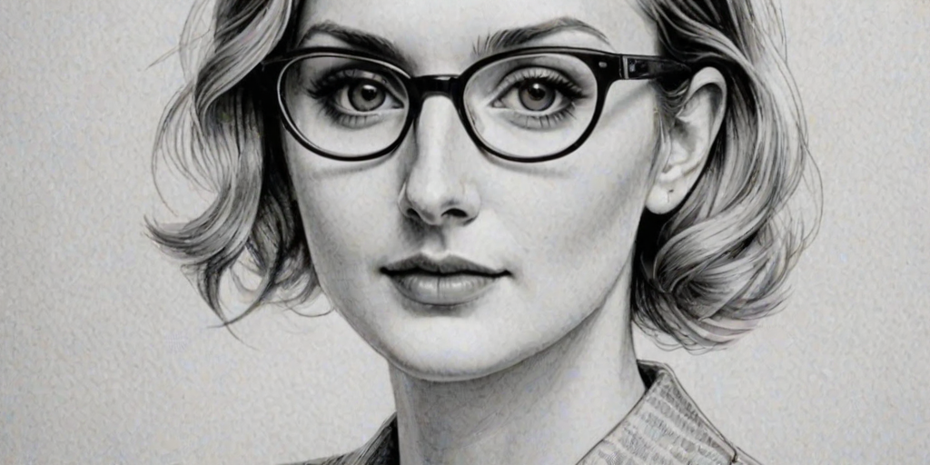 Splendid Laura Carmichael, pencil sketch, portrait of Fetching woman 1939s in glasses, hair style beatnik, outline, clear lines, fine lines, 8k