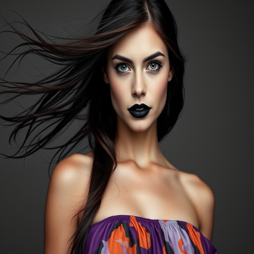 Photographic image of a beautiful young Native American woman, blue eyes, lips with black lipstick, long hair fluttering in the wind and wearing a silk strapless dress with a soft purple and orange print. monochrome image with only color highlights in the iris of the eyes, lipstick and dress. Gray background.