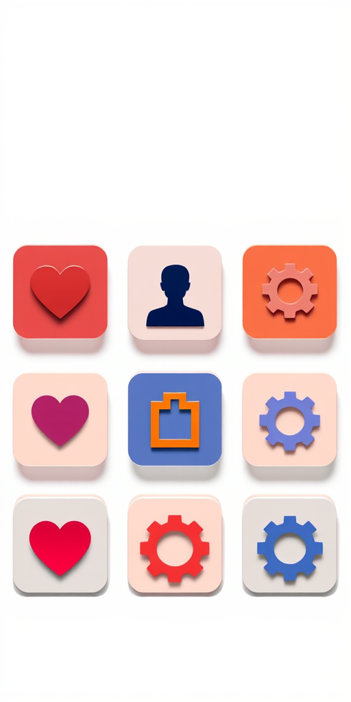 Create a high-resolution digital illustration of nine square icons arranged in a 3x3 grid featuring a heart, user silhouette, and gear symbols with a modern flat design style, using a 50mm lens at f/2.8, ISO 100, and a bright softbox lighting setup to enhance clarity and color vibrancy.