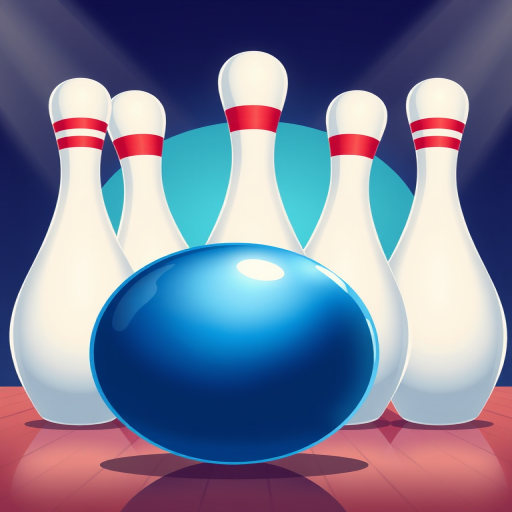 A vibrant illustration of a bowling scene featuring a shiny blue bowling ball in front of three white bowling pins with red stripes, captured with a DSLR camera at f/2.8 aperture, ISO 100, 50mm lens, in a flat lay style for enhanced clarity and focus.